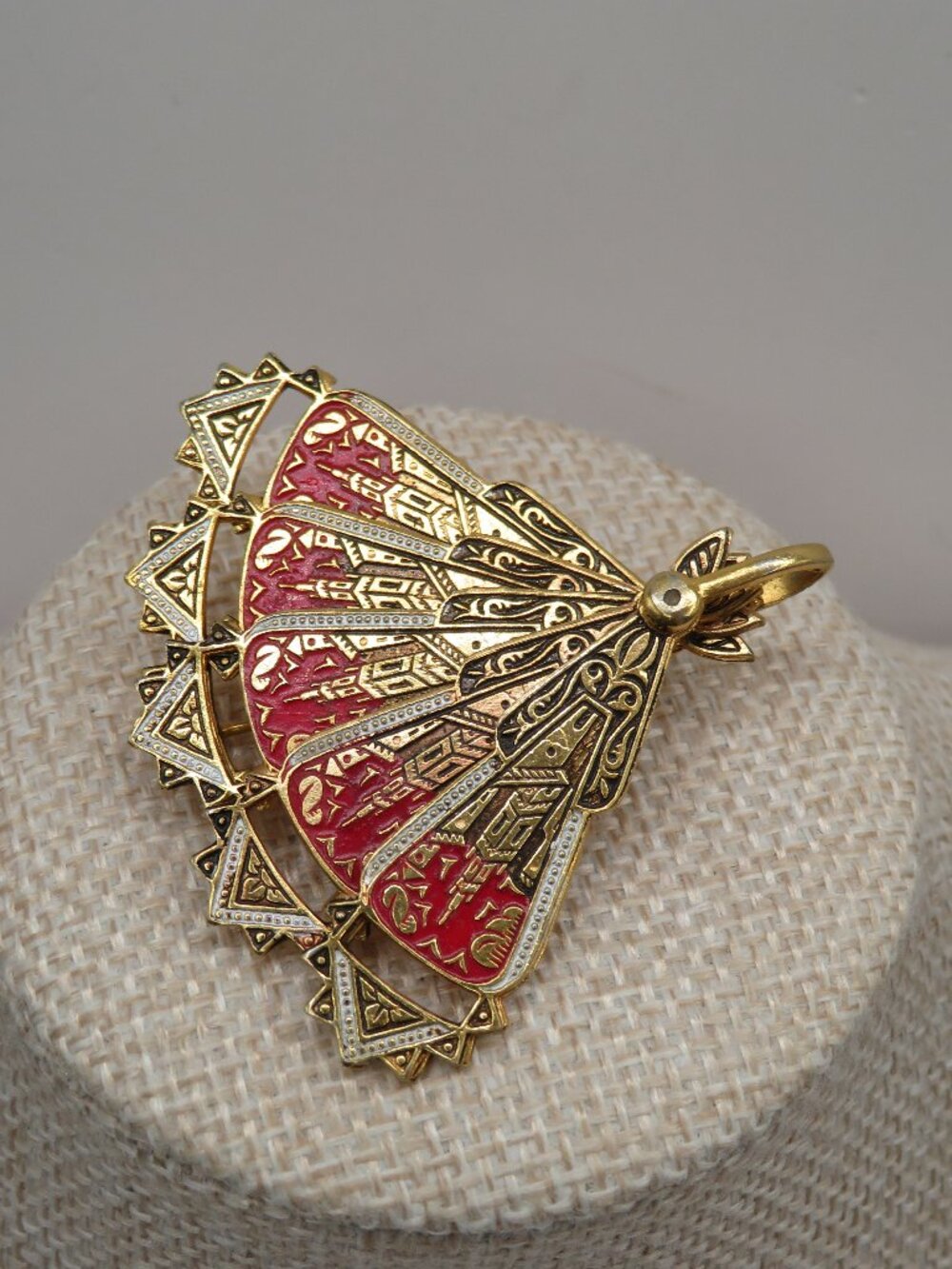 Vintage Damascene Spain Folding Fan Brooch